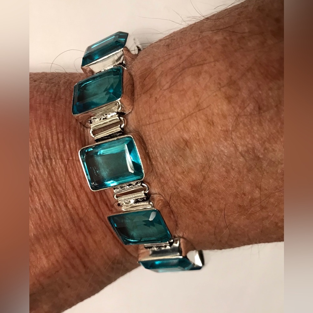 Blue Topaz Stamped 925 Sterling Silver Bracelet